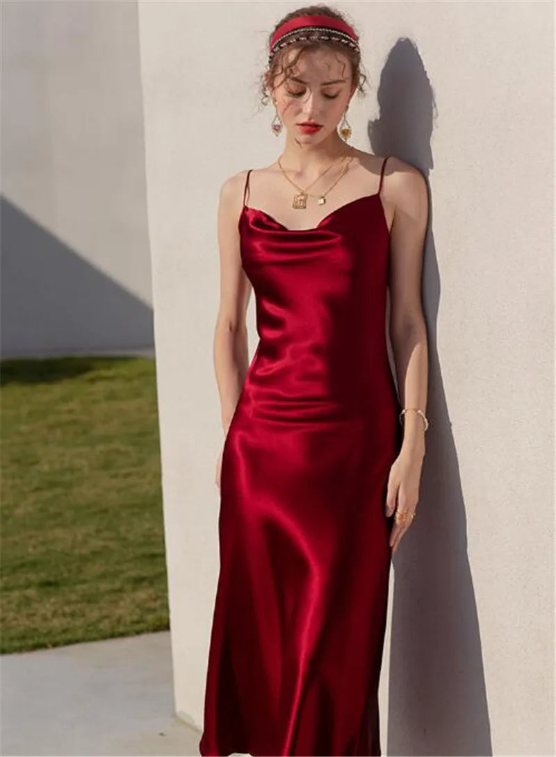 Sexy Spaghetti Strap Burgundy Vintage artificial silk Party Dresses Summer Women Satin Slip Dress Femme long Robe Vestidos