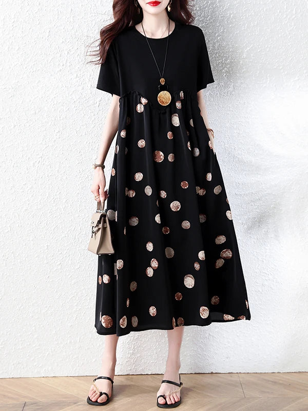 Summer New plus Size Polka Dot Dress Color Block Loose Fitting Slimming Effect Casual Commute Style Women's Dress
