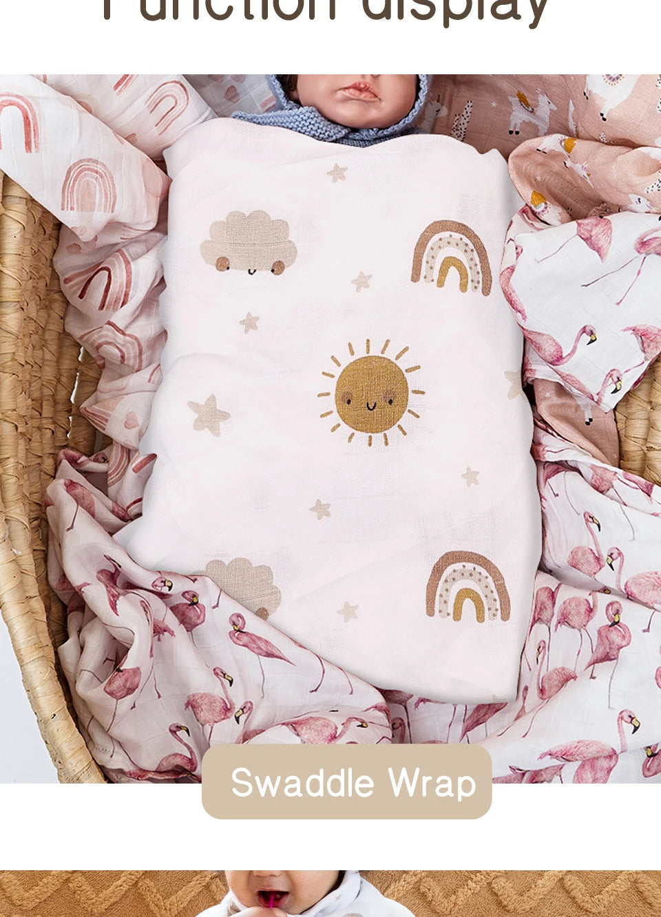 120x110cm Bamboo Cotton Baby Muslin Swaddle Blanket Cute Soft Print Baby Towel Wrap