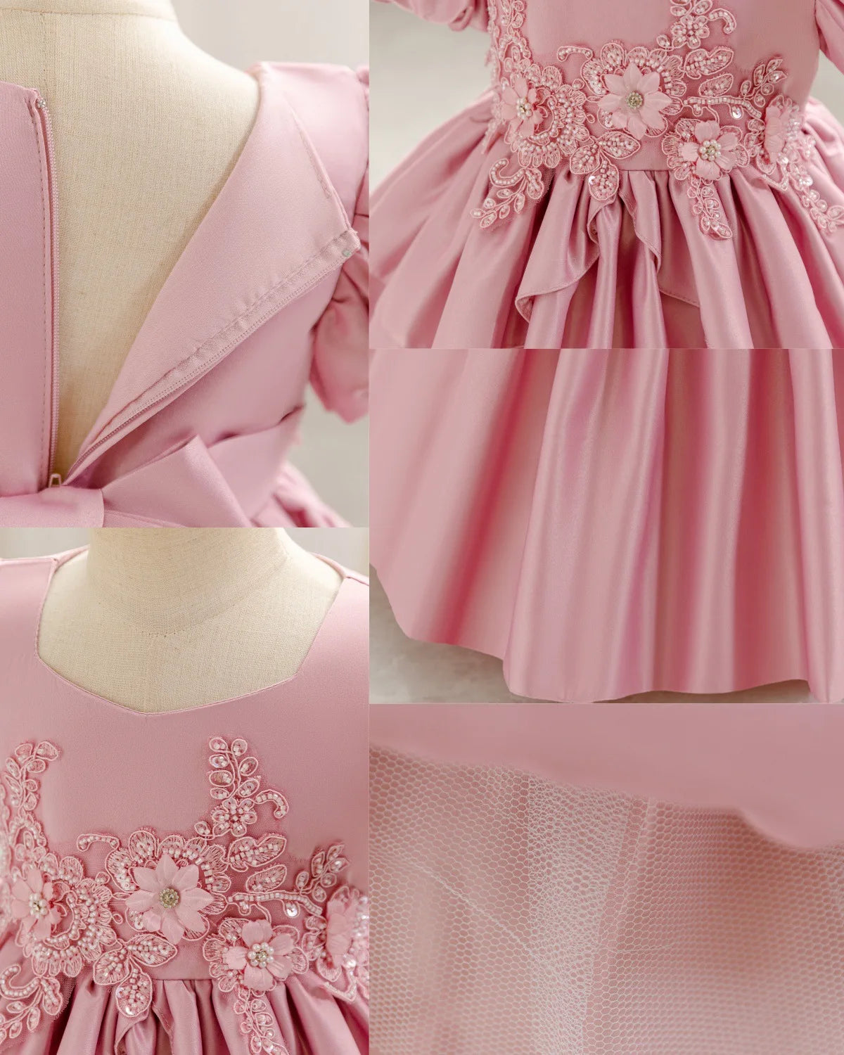 HETISO Baby Girls Appliques Flower Solid Satin Princess Fashion Dresses Ball Gown for Party Birthday New Year 6M-4 Years