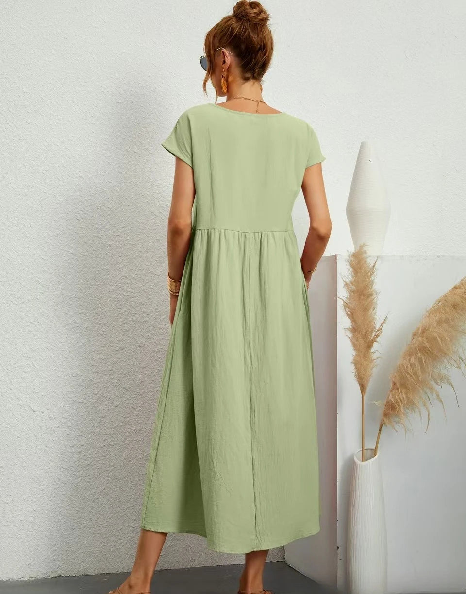 Premium Elegant Solid Cotton Linen Dress Summer Midi with Pockets Loose Fit Casual Crew Neck Short Sleeve for Beach Travel