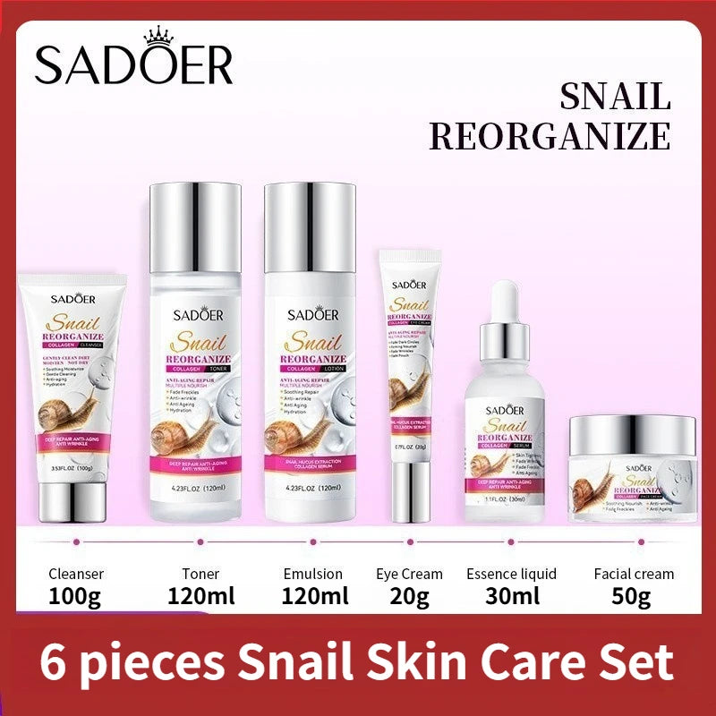 Snail 6Pcs Facial Skin Care Set Collagen Moisturizing Cleanser Toner Eye Cream Facial Serum Nourishing Repair Whitening Skin Kit