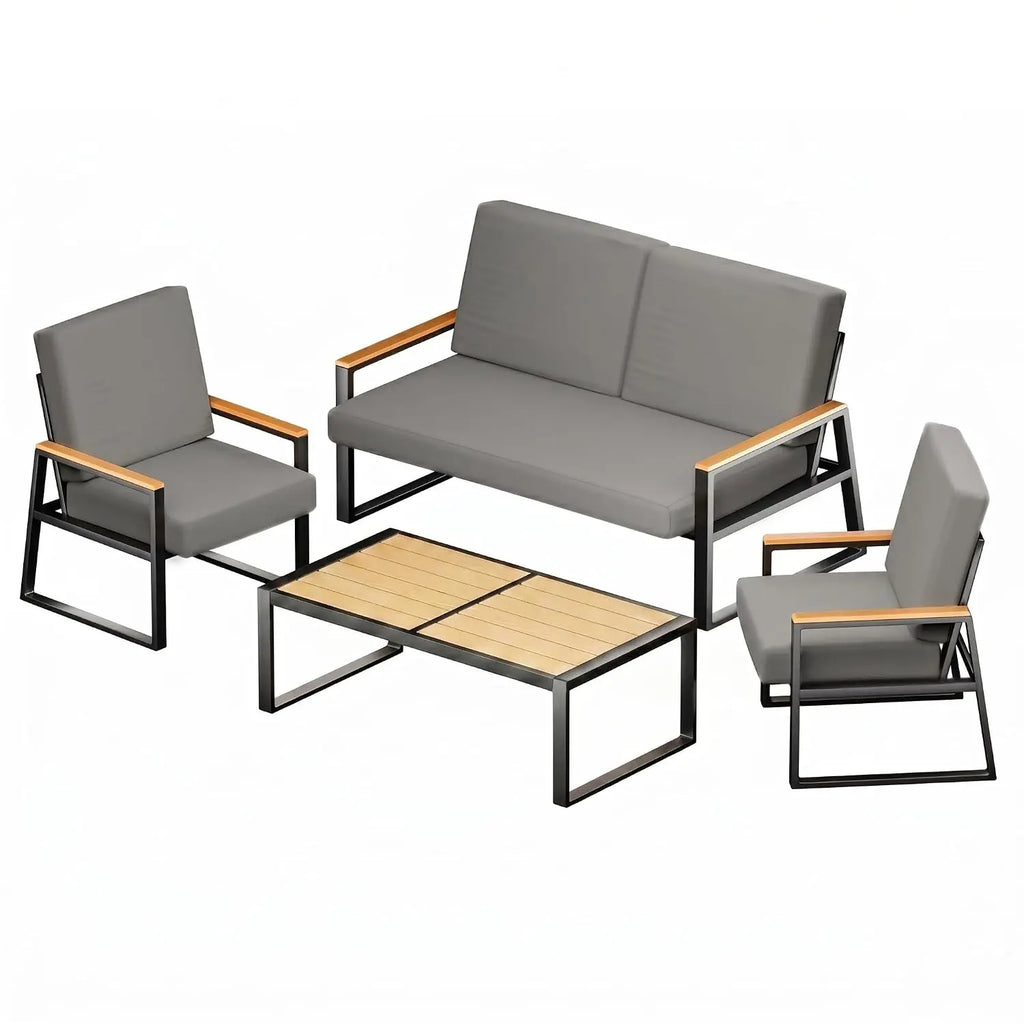 Metal Patio Set 4-Piece Outdoor Conversation WPC Table Washable Cushions Weather-Resistant Seating Yard Poolside, Customized