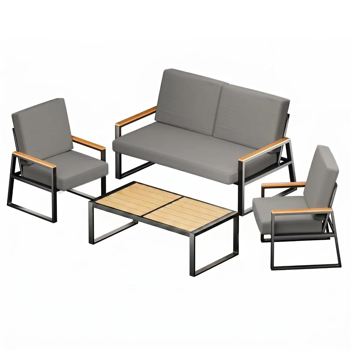Metal Patio Set 4-Piece Outdoor Conversation WPC Table Washable Cushions Weather-Resistant Seating Yard Poolside, Customized