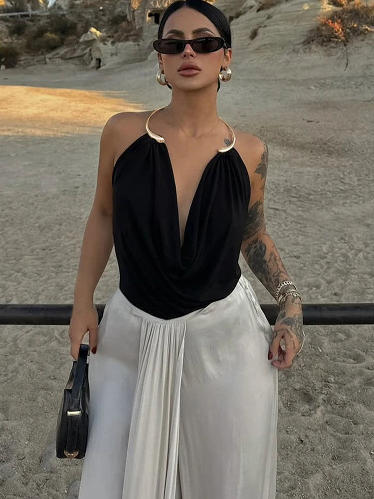 Weird Puss Metal Snake Halter Camisole Women Swing Collar Elegant Backless Summer Trend Beach Vacation Party Clubwear Tank Tops