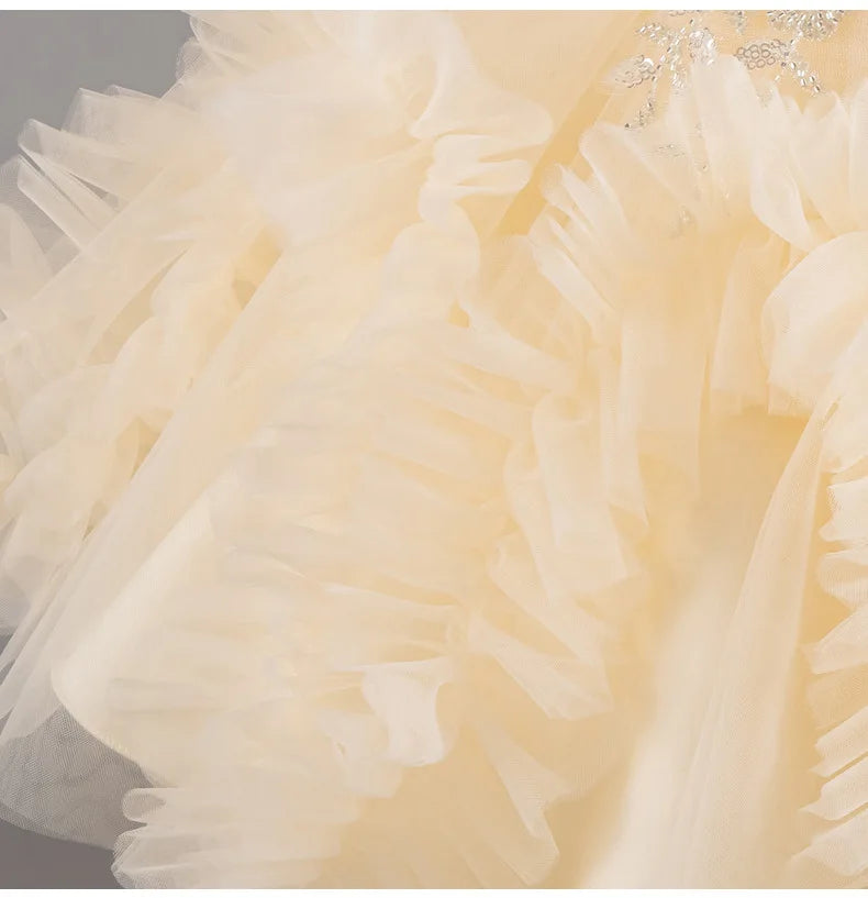HETISO Girls Elegant Trailing White Dress Flower Appliques Kids Weddings Birthday Party Gown