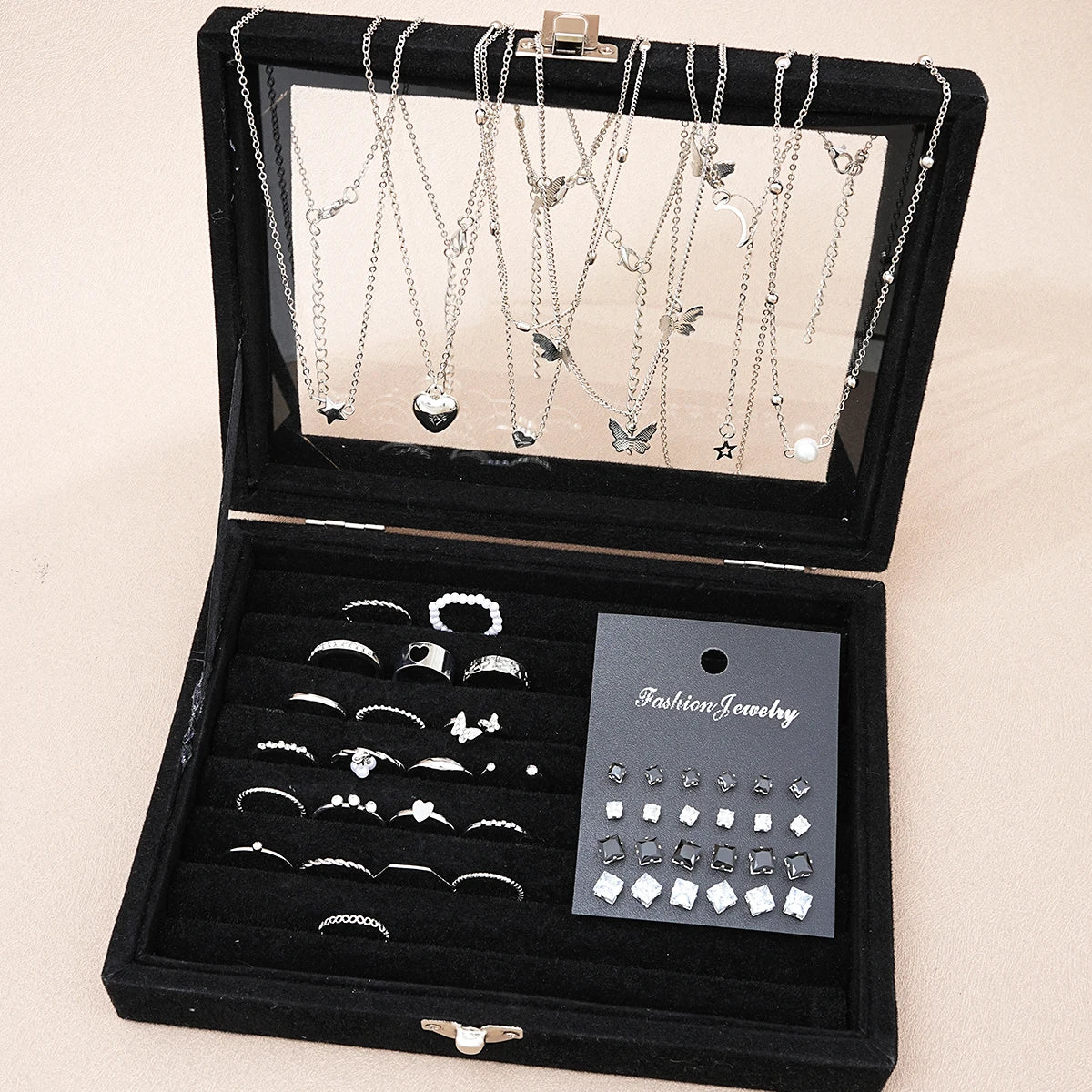 51 Pcs/Set Silver Color Chic Jewelry Set For Women'S Fashion Butterfly Heart Pearl Necklaces, Earrings, Rings, Match Daily Outfits