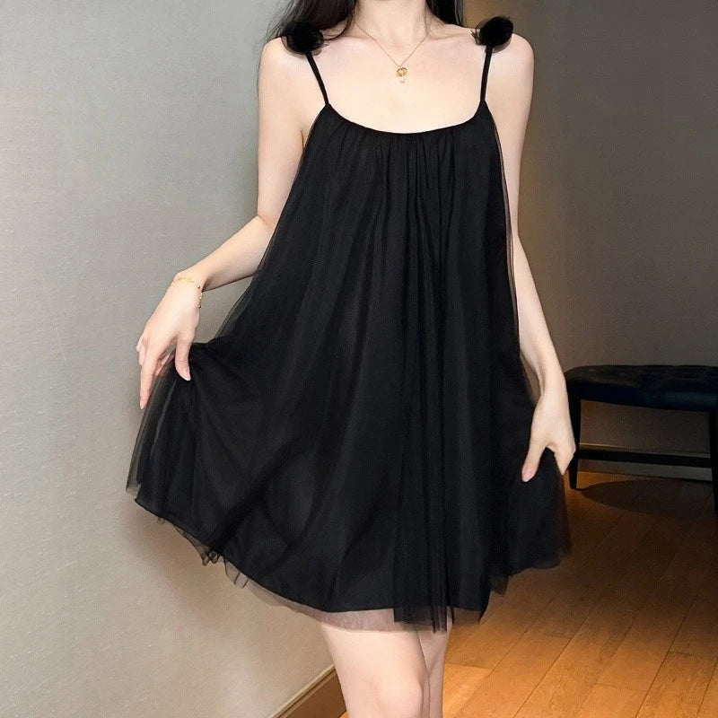 Sweet Cute New Arrival Solid Color Sexy Floral Mesh Spaghetti Strap Nightdress For Women With Chest Pad Home Sleepwear