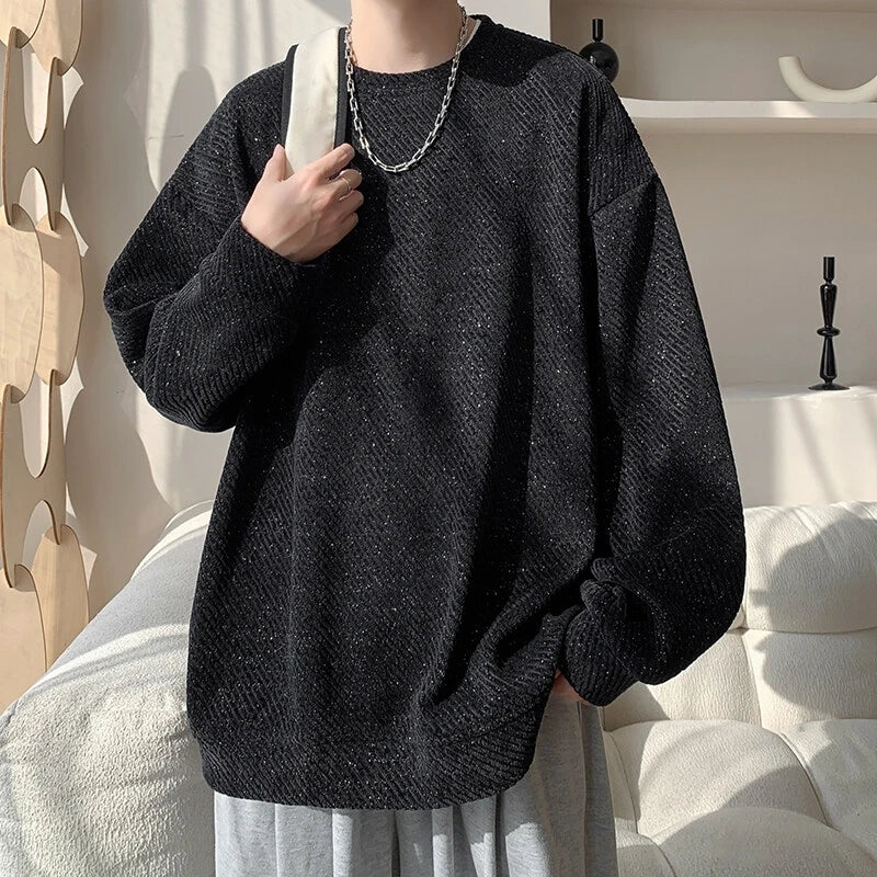 Street Style Round Neck Sweatshirt Men'S Spring Autumn Heavyweight Retro Loose Fit Top High Street Stripe Pattern Casual Wear