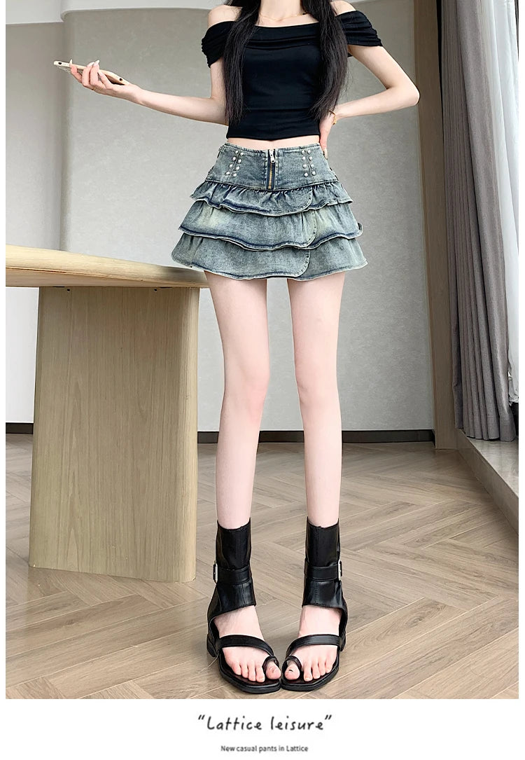 Summer Retro 2026 Korean Fashion Vacation Versatile Sexy Denim Cake Pleated Mini Skirt Women's High Waist Ruffle Short Skirt