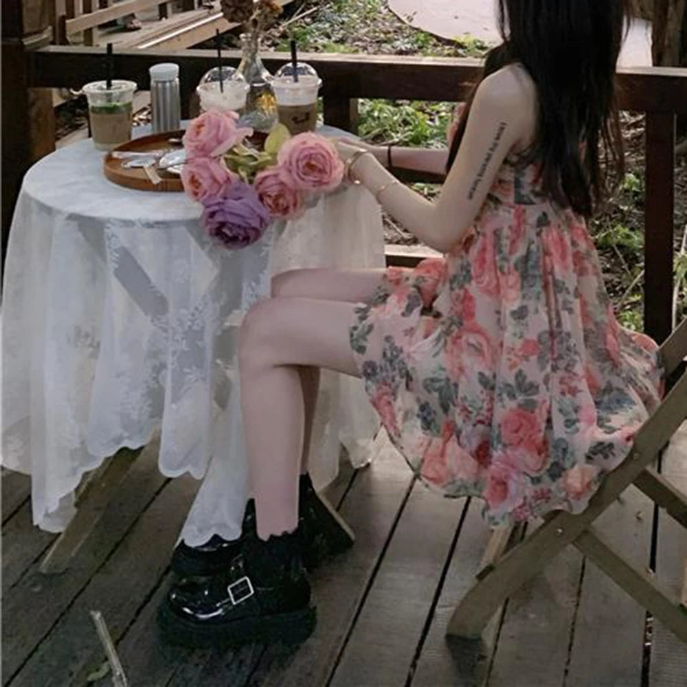 Women's Floral Print A-line Dress with Adjustable Straps and High Waist Design for Spring Summer Autumn Winter Wear
