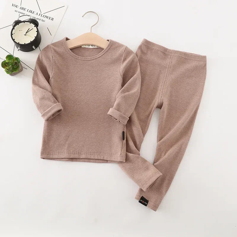 Kids Unisex Ribbed Cotton Pajama Set - Long Sleeve Pullover & Pants