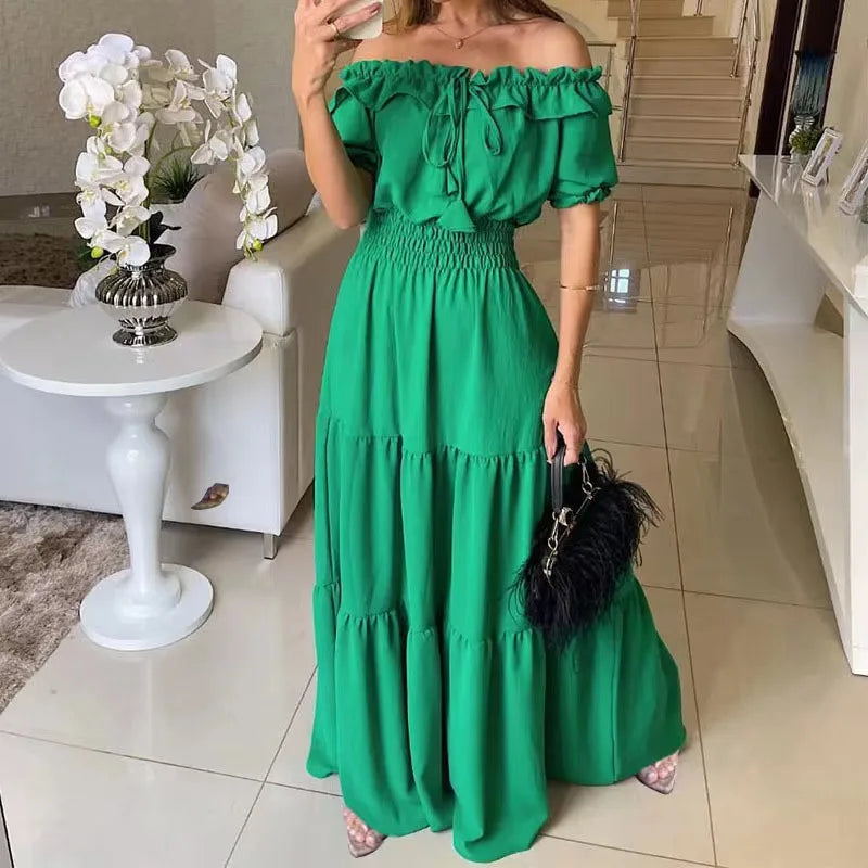 2026 Elegant Women's Off Shoulder Ruffle Sleeve Dress Fashion Solid Color Elastic Waist Tiered Maxi Dresses