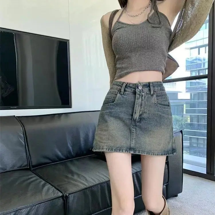 American Retro High Waist Denim Mini Skirt Women's Slimming Sexy Letter Print Half Body Skirt Casual Cotton Blend Fabric