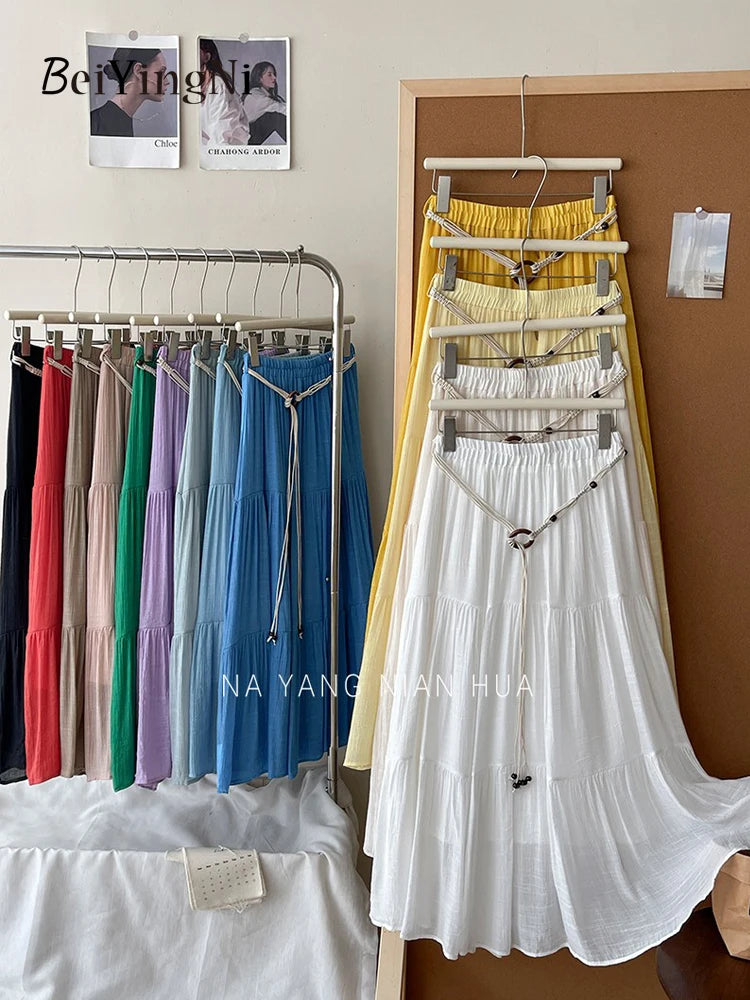 Beiyingni 2025 Summer French Women's Linen Cotton Maxi Skirts Casual Vintage Sashes Korean Long Cake Skirt Female Boho Vacation