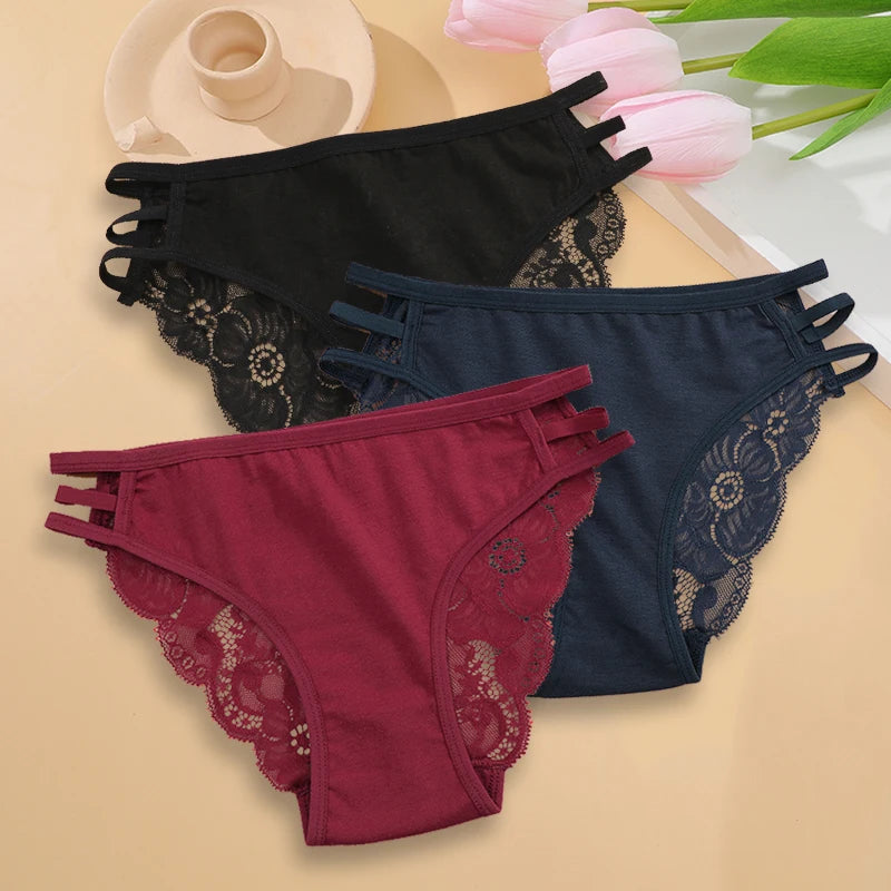 Sexy Floral Lace Panties 3Pc Set For Women Low Rise Hollow Out Transparent Briefs