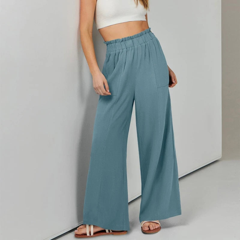 Women's Ruffle Elastic High Waist Wide Leg Pants Loose Casual Long Trousers With Pockets Spring Summer Daily Wear