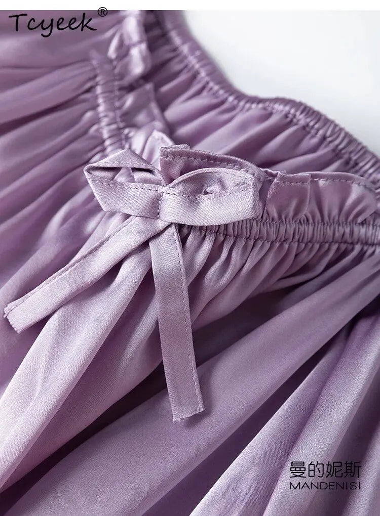 Tcyeek 21MM 100% Mulberry Silk Night Dress for Women Comfortable Sleepwear Women's Home Clothes Thin Purple Sommerkleid Damen