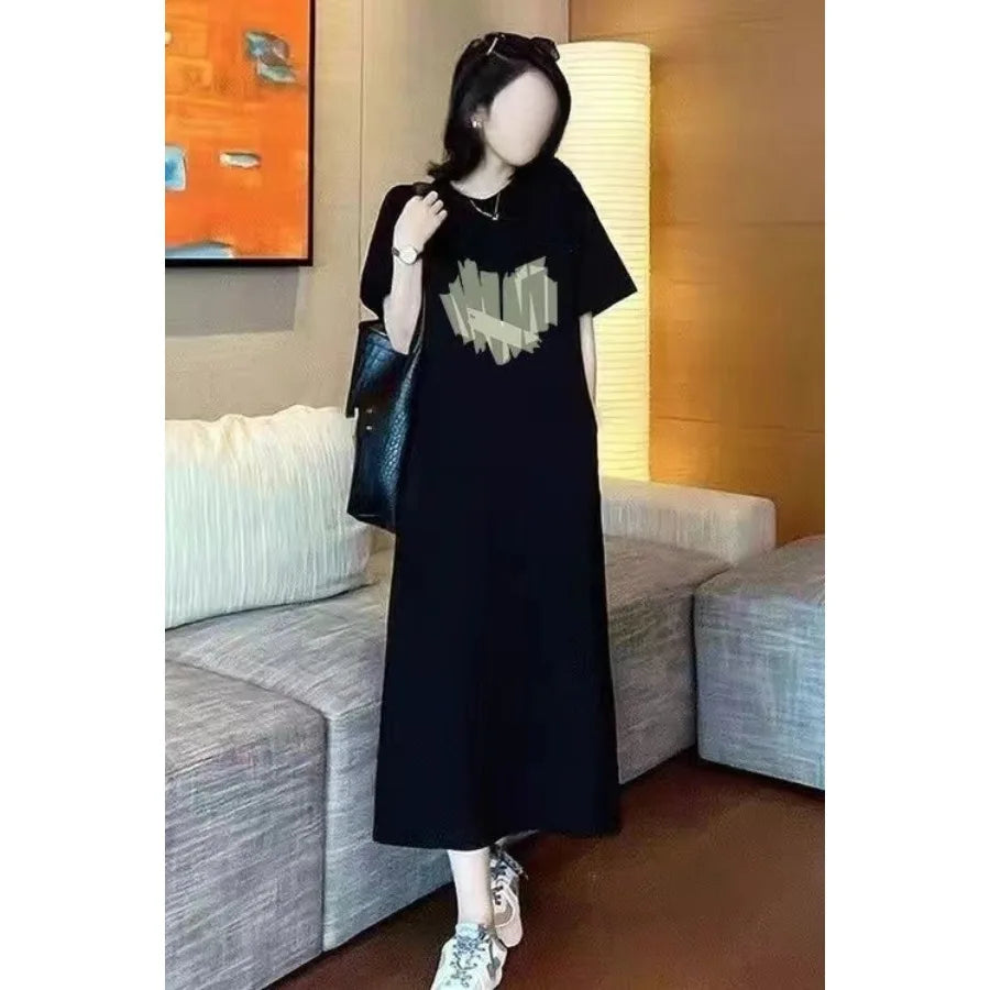 plus Size Long Knee-Length Summer Dress Women's Short Sleeve round Neck Loose Fit Knitted Fabric Straight Cut Casual Style