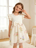 Girls' Off-White Floral Tulle Princess Dress, Summer Flutter Sleeve Dress with Big Bow