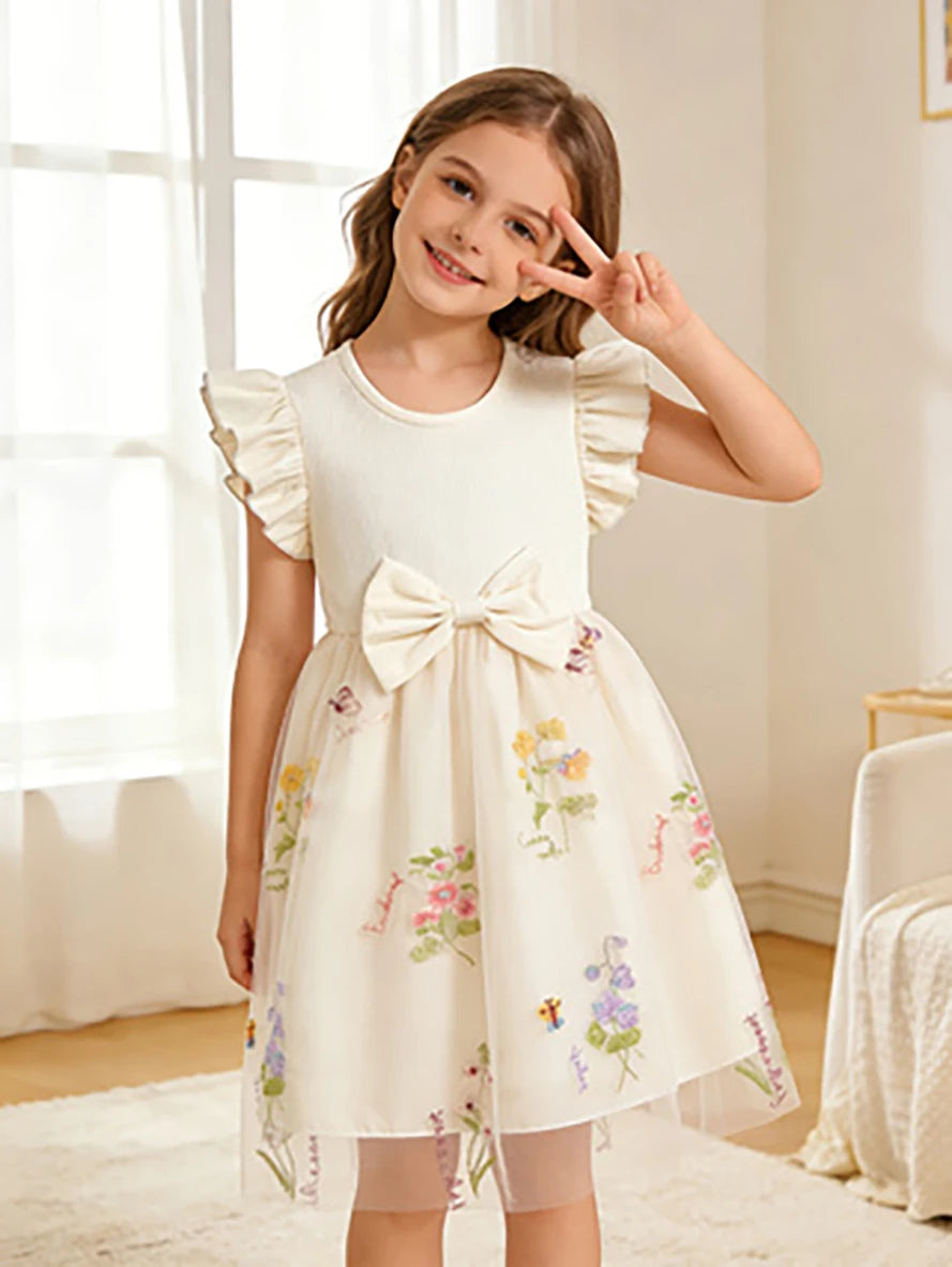 Girls' Off-White Floral Tulle Princess Dress, Summer Flutter Sleeve Dress with Big Bow