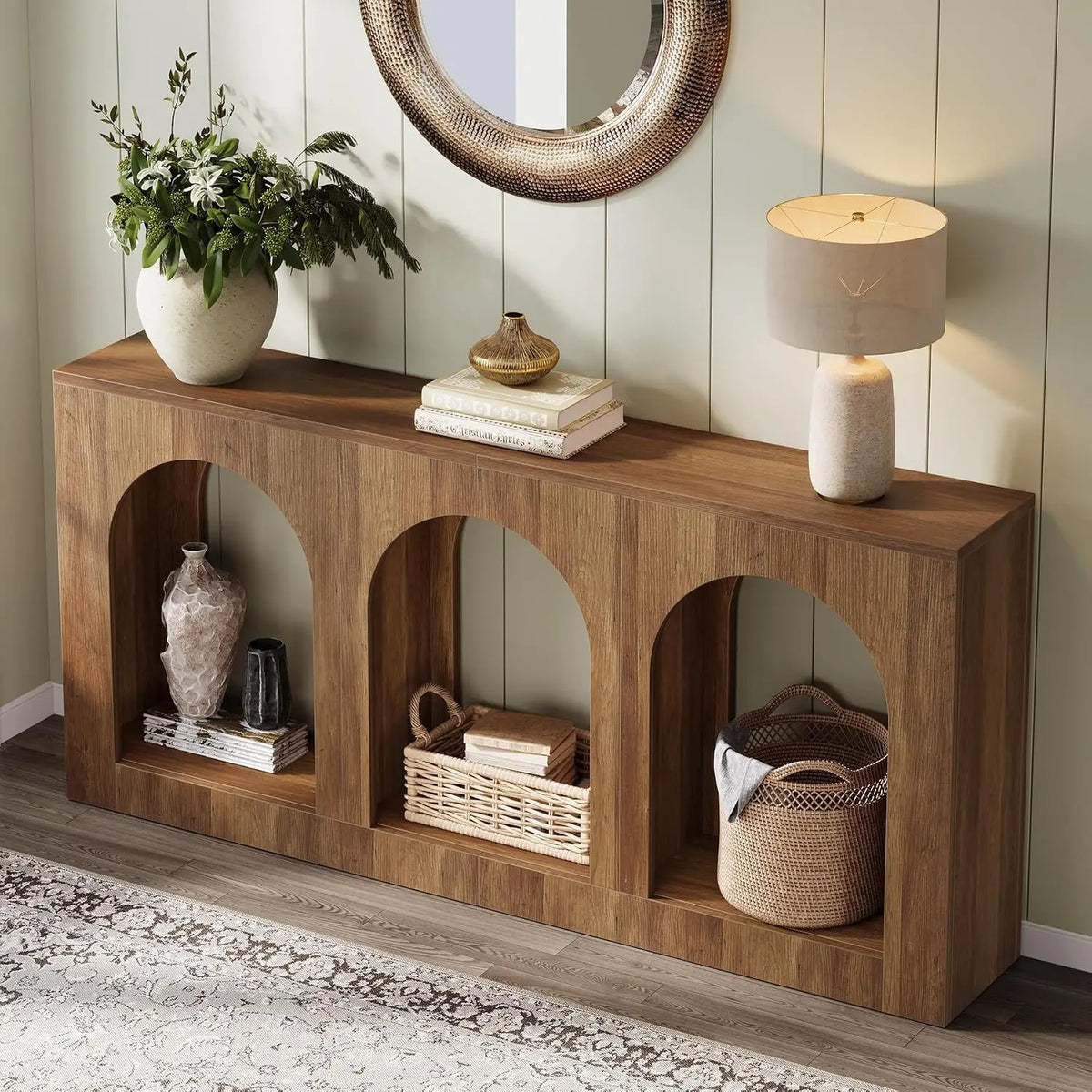 70.9" Console Table with 3 Arched Shelves, Wood Entryway Storage for Foyer Hallway Living Room, Narrow Long Brown, Customized