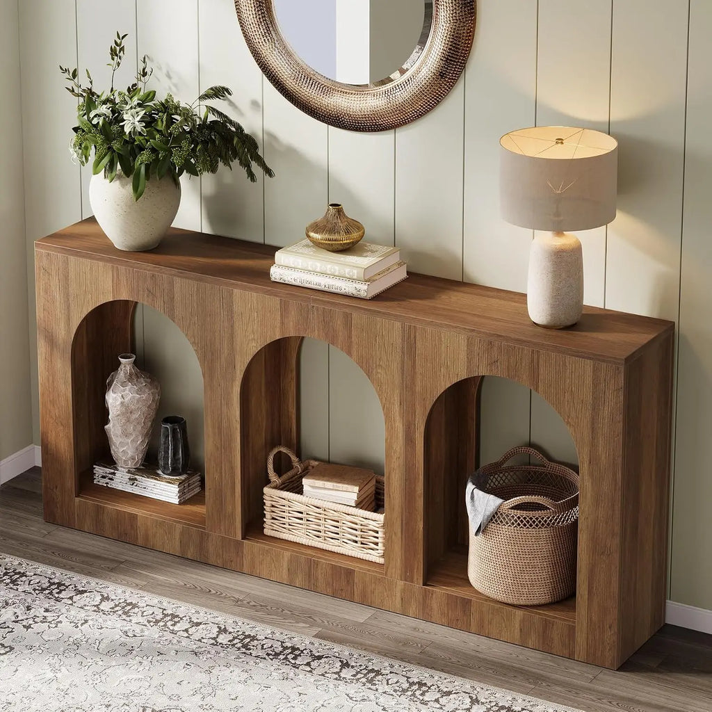 70.9" Console Table with 3 Arched Shelves, Wood Entryway Storage for Foyer Hallway Living Room, Narrow Long Brown, Customized