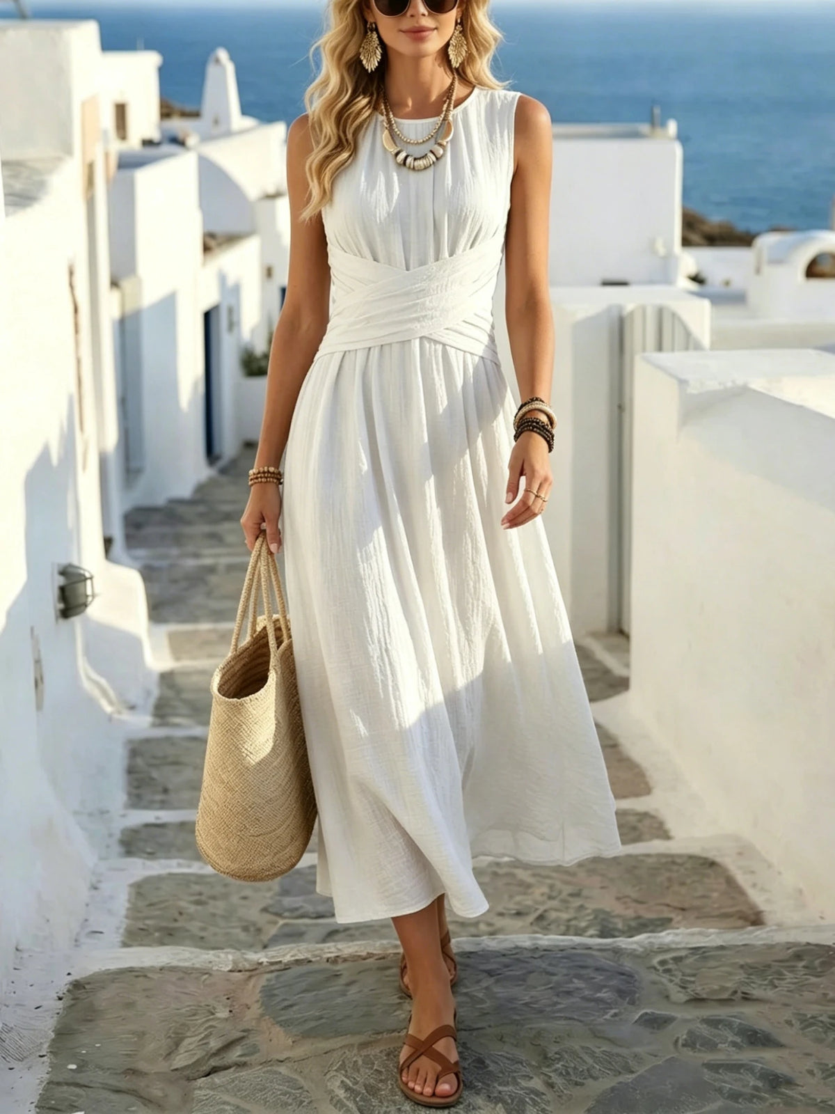 Women's Summer Fashion New Style Elegant Crossed Waistline Round Neck Sleeveless Solid Color Resort Style Maxi Dress