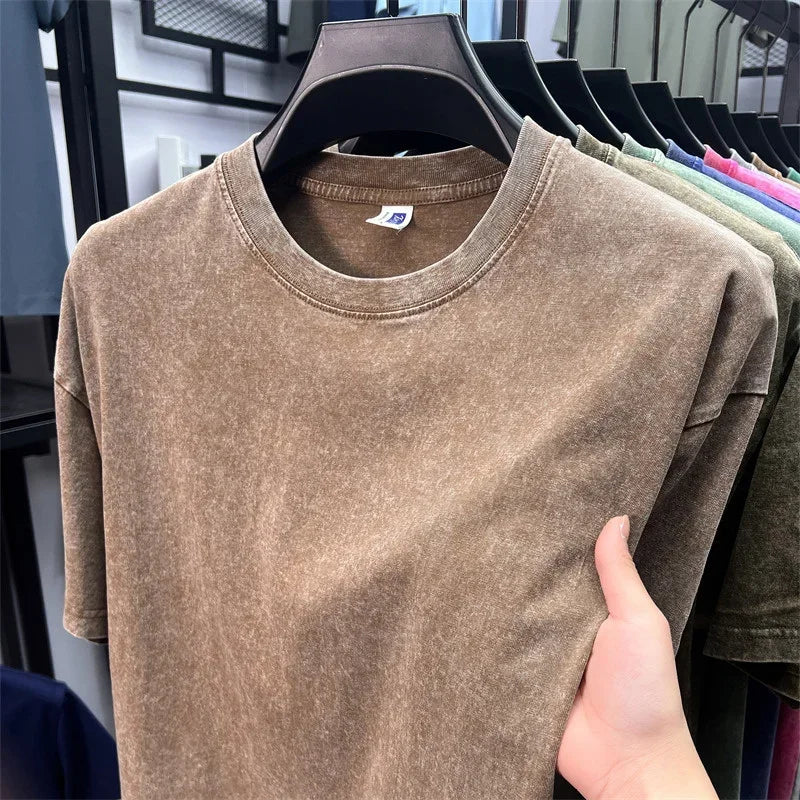 Men's Heavy Cotton T-Shirt - Vintage Washed Oversized Casual Tee