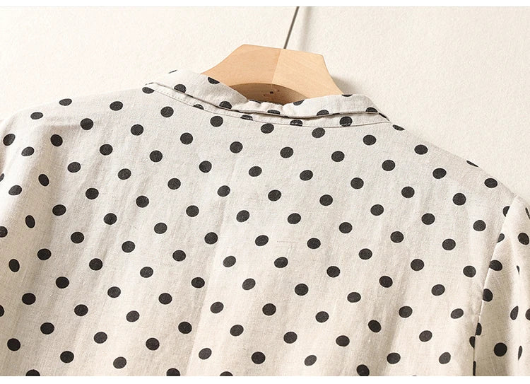 Summer Vintage Polka Dot Cotton Lin Short Sleeve Women's Dress Loose Slimming Gown Side Buttoned Midi Skirt A-Line Dress