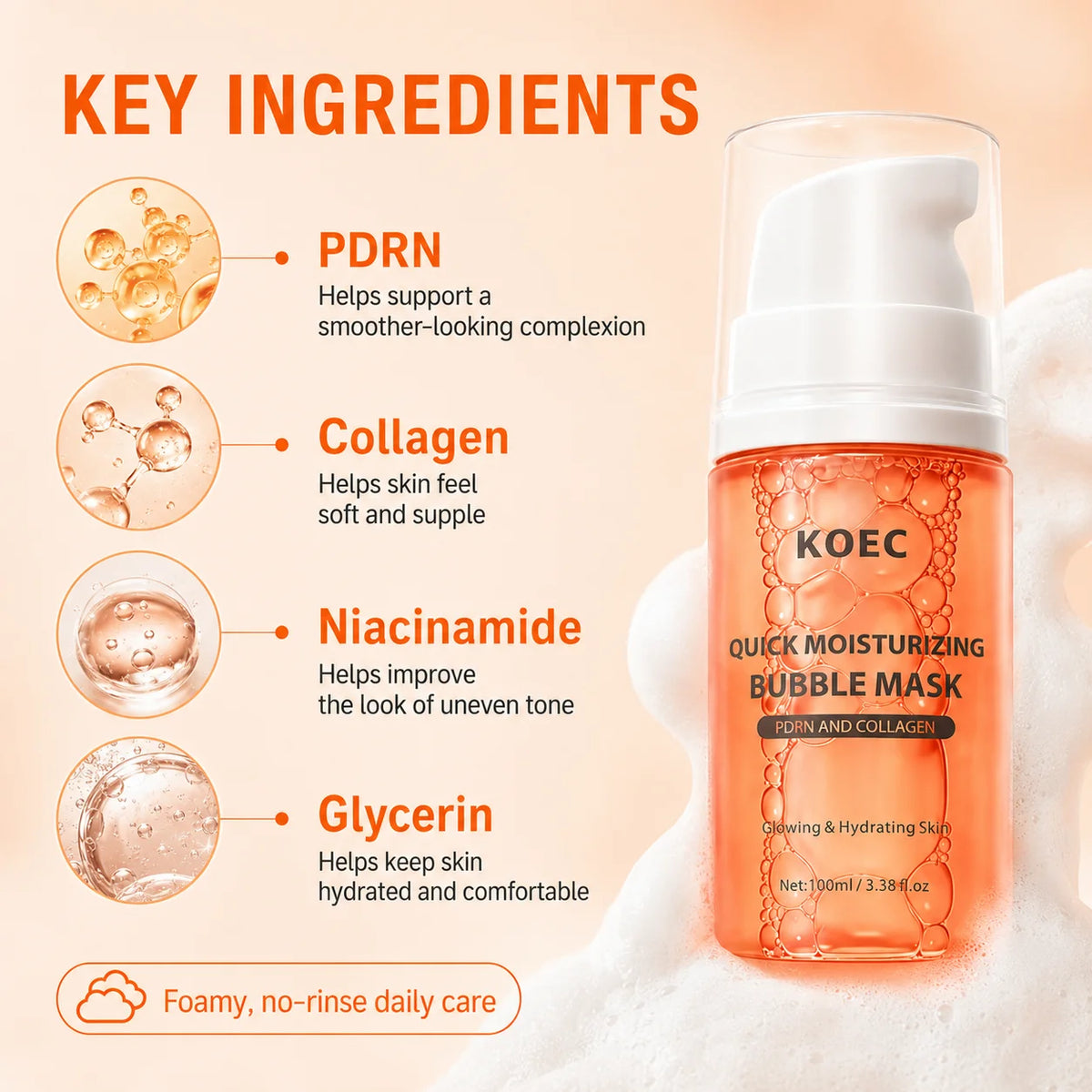 KOEC Quick Moisturizing Bubble Mask - Collagen Face Mask, PDRN & Glycerin in Bubbles for Glowing, Hydrated Skin, Improves Dry Skin, Glass Skin Mask & Bubble Face Mask, 3.38 fl.oz