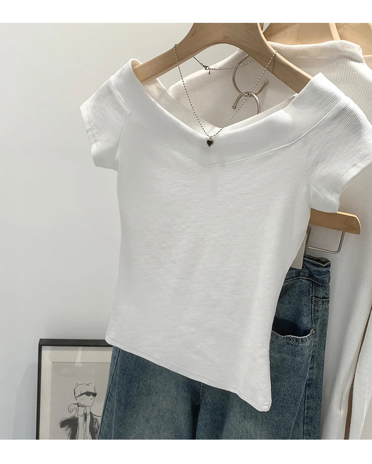 Pink Shoulder Bared Short Sleeve T Shirt Women's Summer New Style Ageless Lady Pure Desire Spicy Girl Top Simple Backless Design
