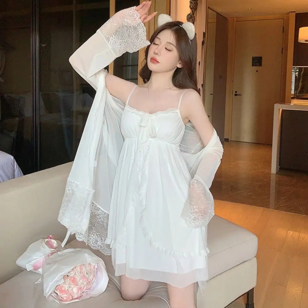 Lace Bowknot Women Pajama Dress Nightgown Sleeveless Homewear Sleeping Dress Robe Set Ruffle Sleepwear Sling Nightgown with Pads