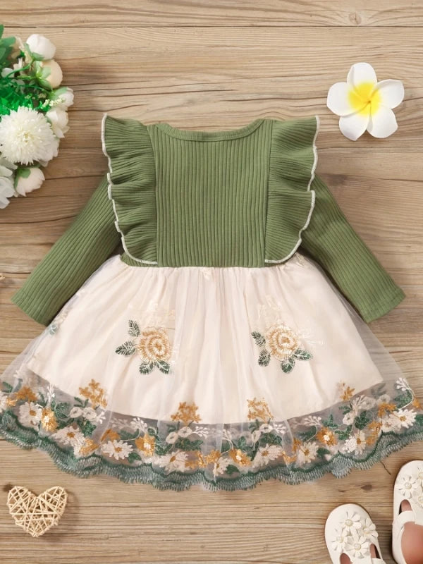 "Girls' Forest-Style Knit Dress | Olive Green Ribbed Top with Tulle Skirt - 3D Bows & Embroidered Floral Princess Dress"
