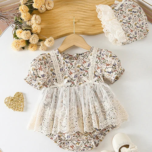 Baby Girl Sleeveless Romper and Hat Set - Cotton Print, 0-24M