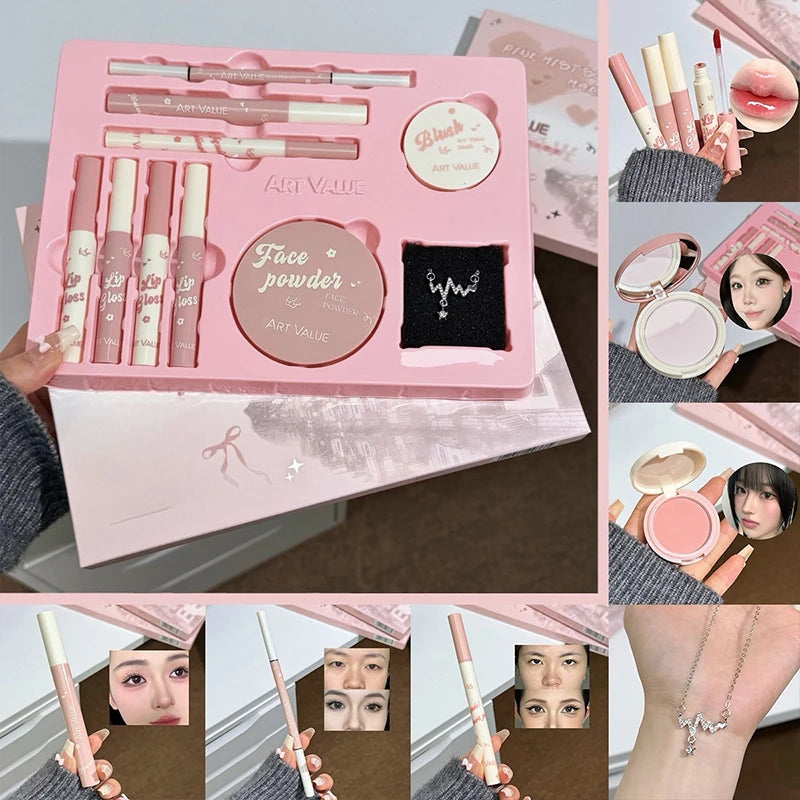 Art Value Makeup Set Include 4 Lip Glaze,1 Pressed Powder,1 Blush,1 Eyeliner,1 Eyebrow Pencil,1 Mascara With Necklce Cosmetics