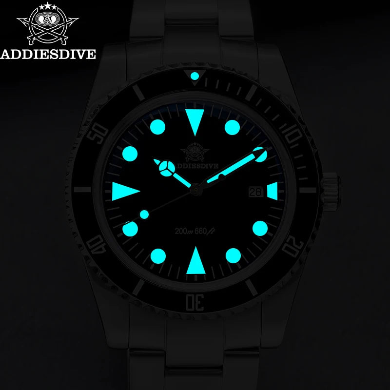 ADDIESDIVE Men's Diving Watch Stainless Steel Ceramic Bezel Quartz Watch Men's BGW9 Luminous 200m Waterproof  Men's Watch