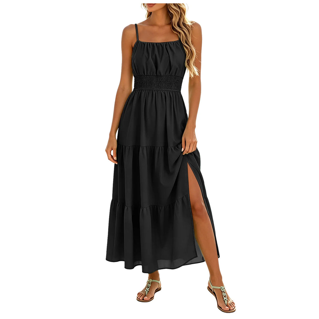 Womens Solid Round Neck Short Sleeved Patchwork Long Skirt Is Fashionable And Comfortable Top Selling Dresses