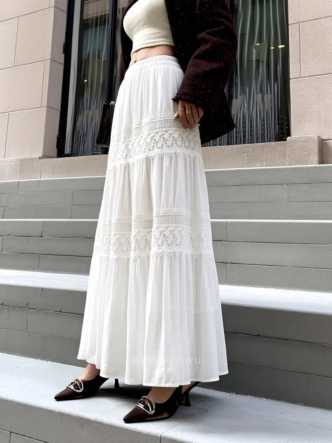 White Double Lace Tiered Maxi Skirt Women Full Elastic Waist Flowy Ruffle A-Line Long Skirt