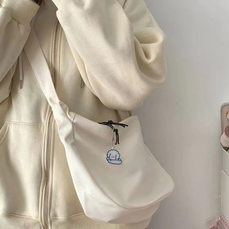 Canvas Crossbody Bag, Large Capacity Casual Shoulder Purse with Cute Bag Charm, Adjustable Strap for Teen School Sling Bag
