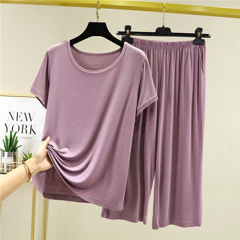 Summer Lightweight Modal Sleepwear Casual Loose Short Sleeve T-Shirt Women's Seven-Piece Pants Outdoor Large Size Leisure Set