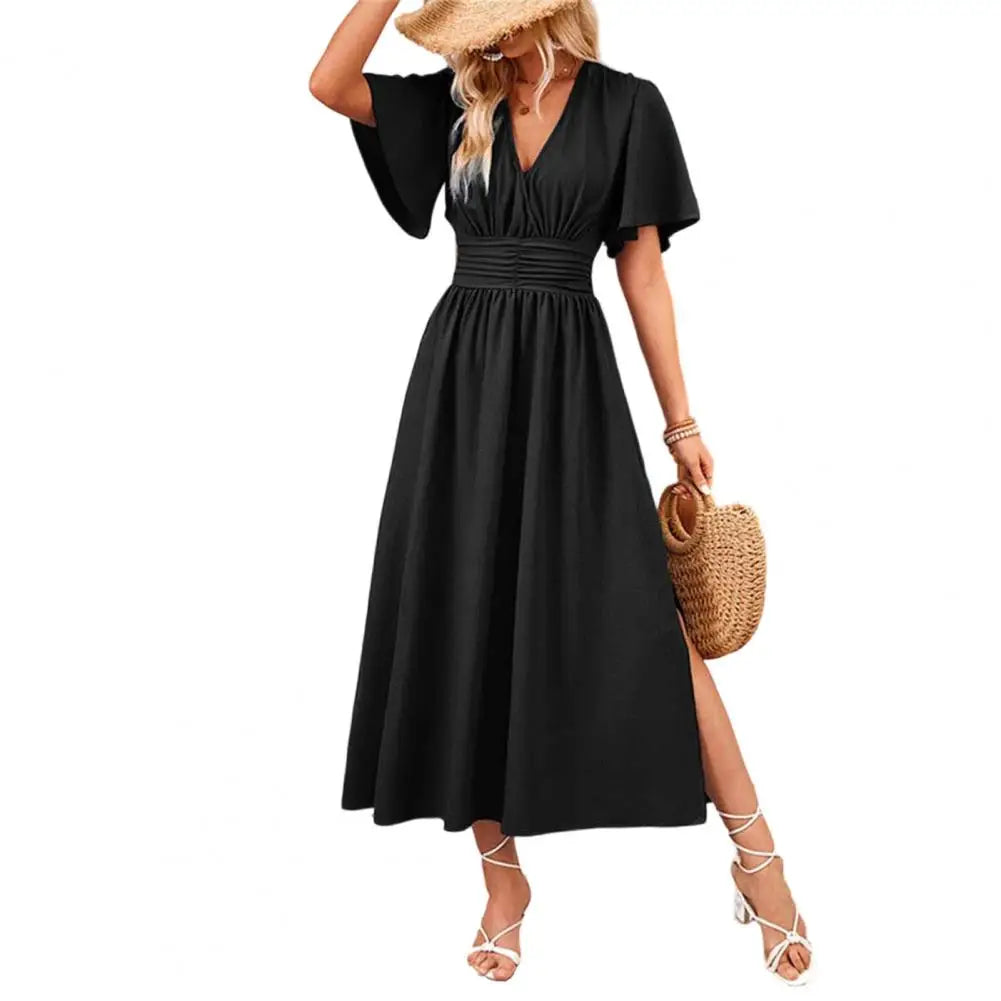 Women Summer Dress V Neck Short Sleeve Long Flowy A-line Slit Beach Sundress Formal Cocktail Wedding Guest Dress Elegant
