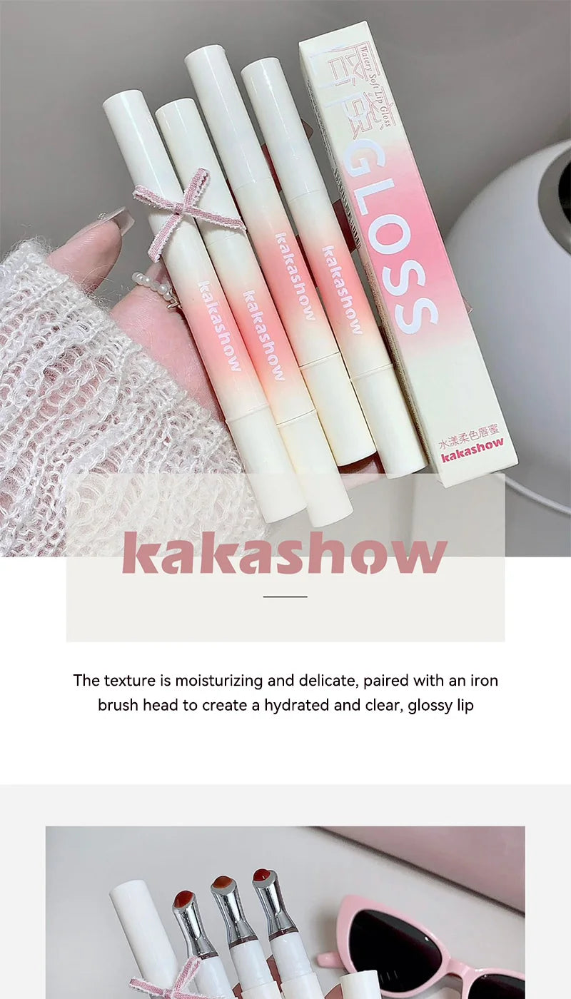 Kakashow Mirror Watery Lip Gloss Iron Brush Head Jelly Lipgloss Moisturizing Lip Tint Lipstick Nature Nude Lips Makeup Cosmetics