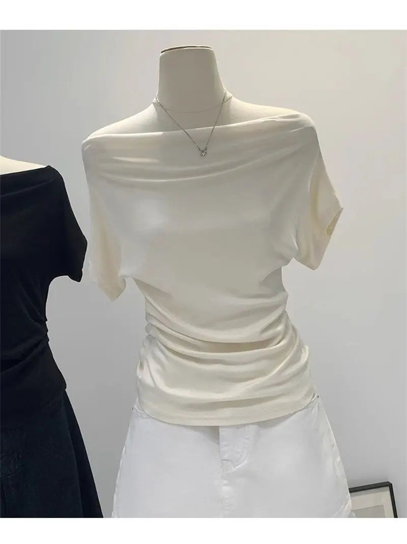 Summer One Shoulder Black Women's T-shirt Short Sleeve Korean Style Slimming Top Exposed Shoulder Fashionable