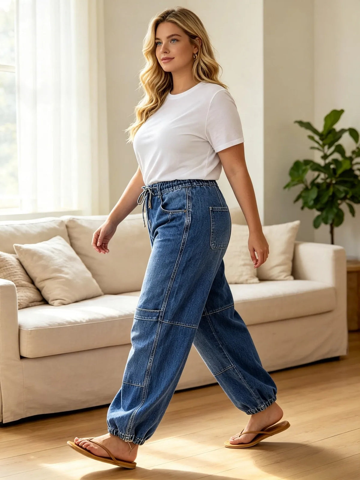 【HME】Jeans | Women Boho Drawstring Denim Pants, Elastic Waist Jogger Denim Jeans, Horizontal Stitch Panel Design, Medium Vintage Wash, Relaxed Baggy Pants For Vacation Daily Casual Wear