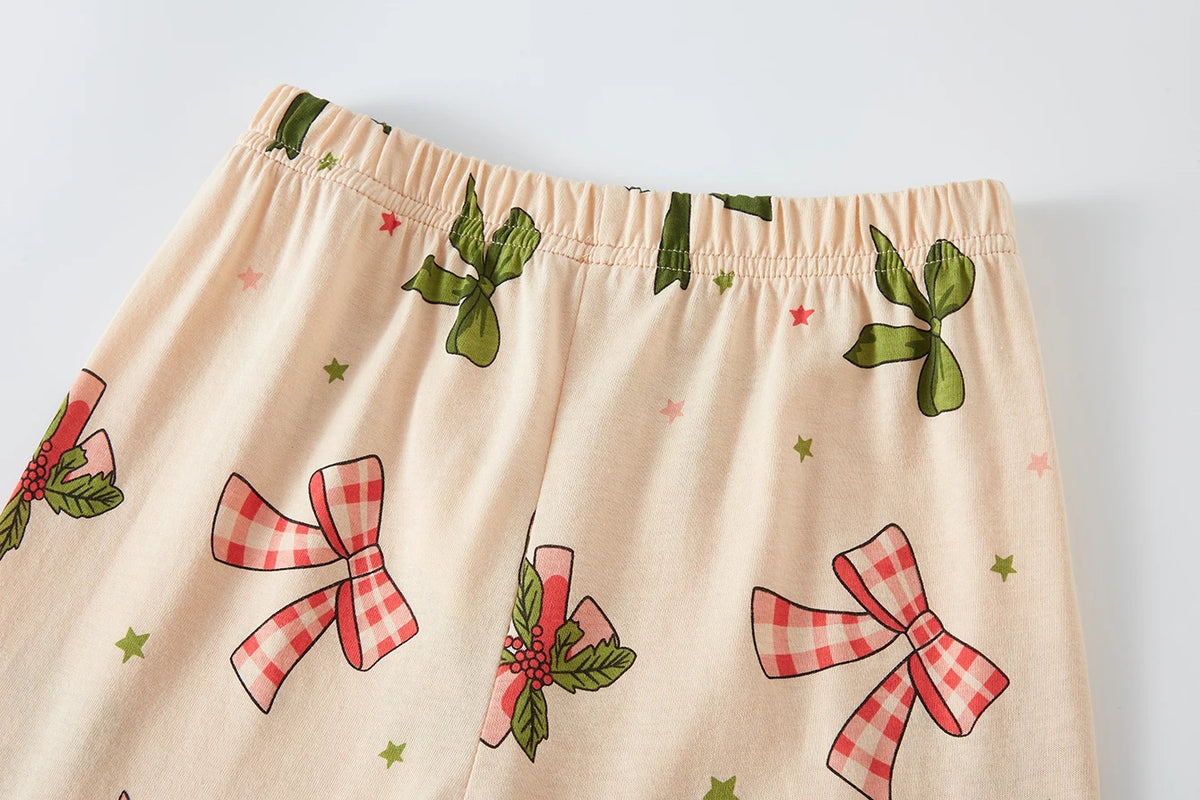 Kids Pajama Set 100% Cotton Soft Star and Bow Full Print Loungewear Long Sleeve Pjs Nightwear for Toddler Girls Age 1-8 Years