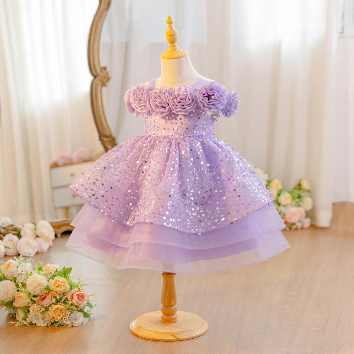 HETISO Flower Girls Sequins Birthday Wedding Party Ball Gowns Kids Child Formal Pageant Holiday Dresses 1-6 Years