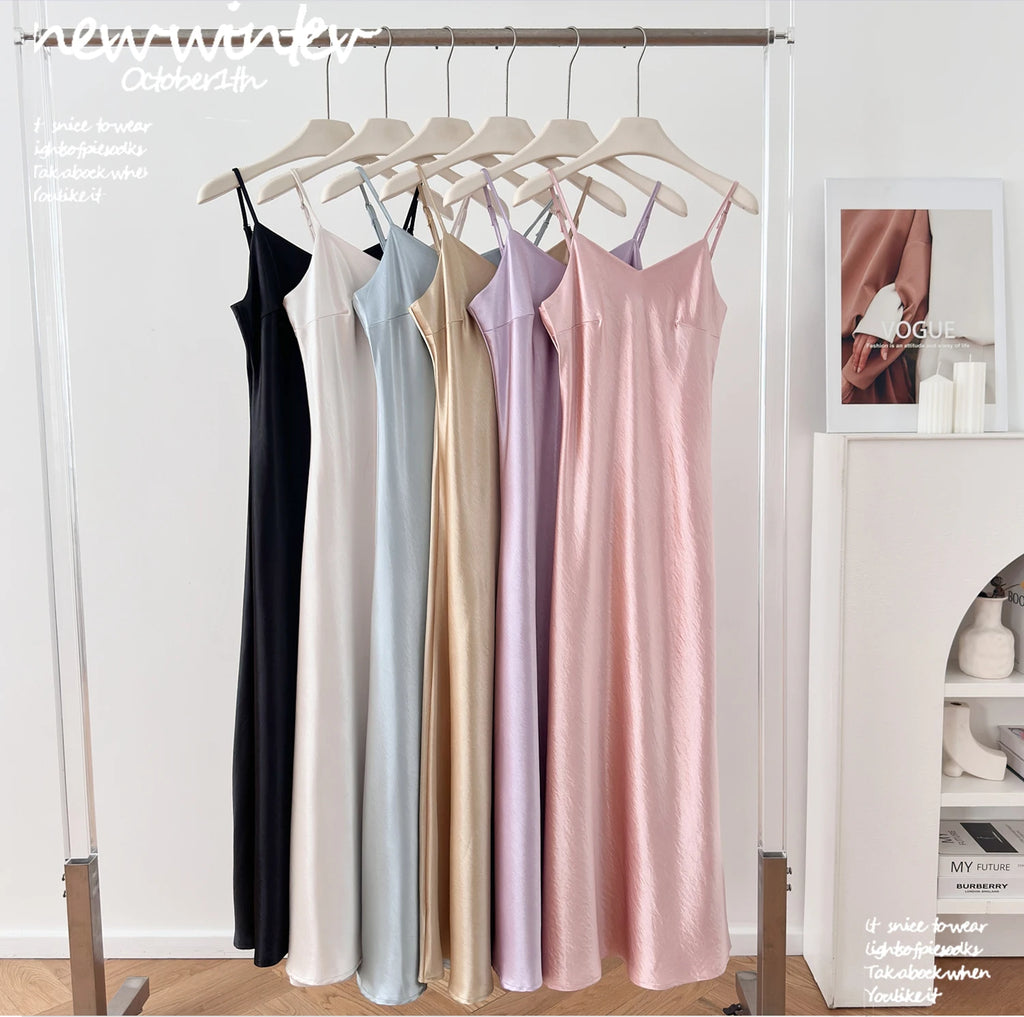Elegant Chinese Style Satin V-Neck Sleeveless Women's Dress Slimming Waist Design Summer City Walk Long Skirt Inner Wear