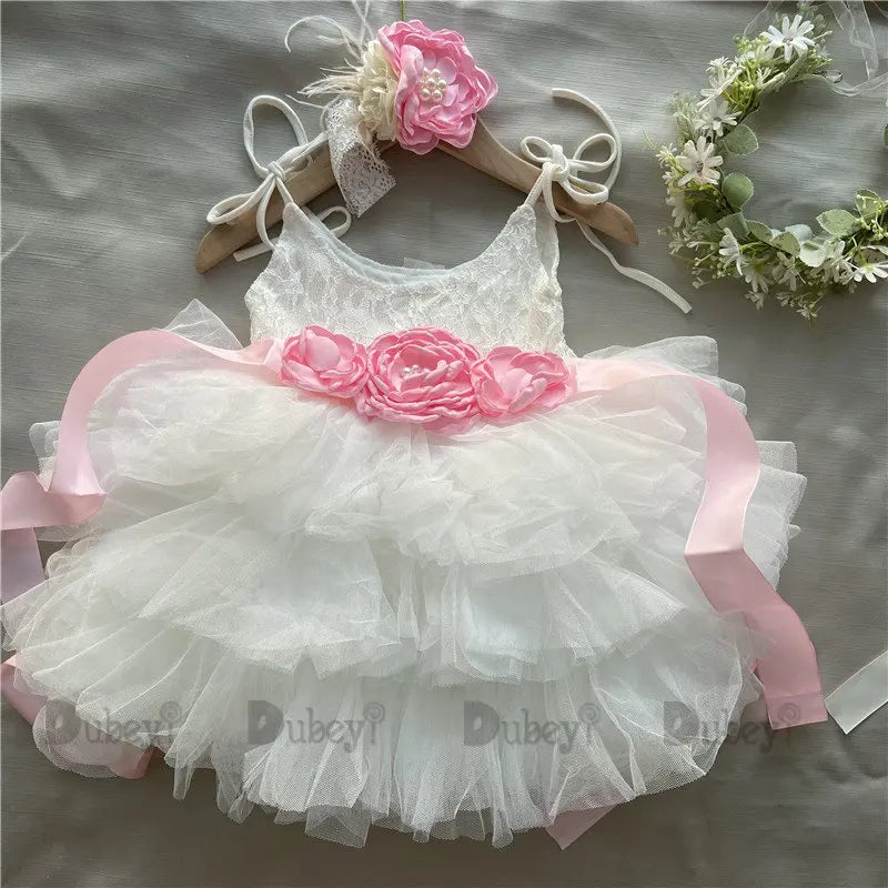 Toddler Baby Girls 1st Birthday Dress for Kids Flowers Girls Wedding Costume Belt Headband 3pcs Outfit Set Child Princess Gown
