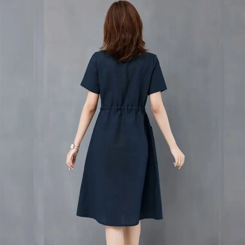 Elegant Cotton and Linen Women's Dress Draw String High Waist Breathable Midi Dresses Half Sleeve V-Neck A-Line Dress Summer